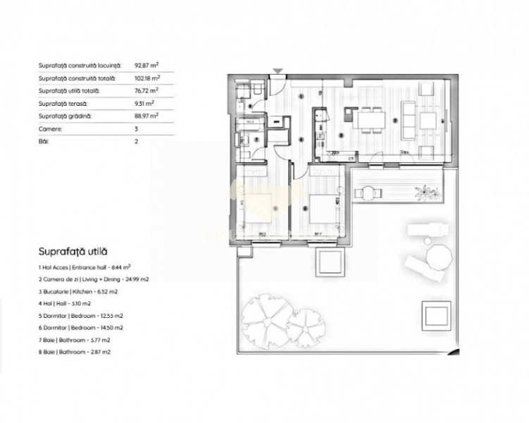 Apartament 3 camere Baneasa | imobil 2022 | gradina 98,28mp